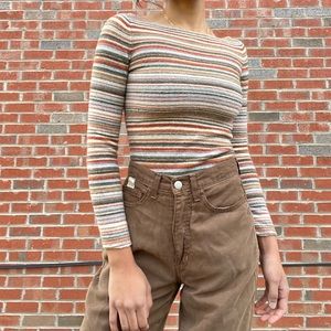 CALVIN KLEIN 100% lambs wool long sleeve boatneck multi-colored striped sweater